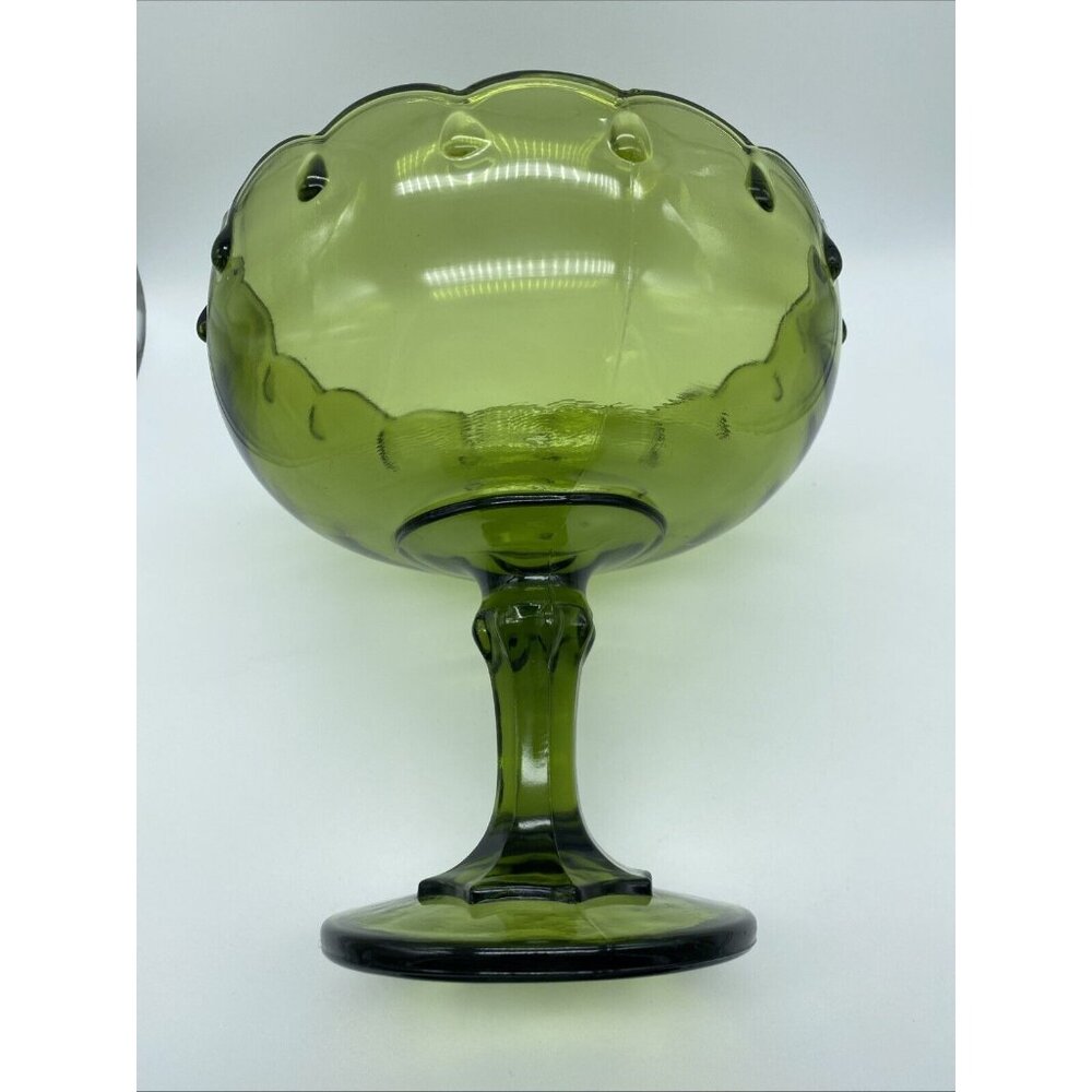 Indiana Glass Teardrop Olive Green Footed Compote 7.75" Tall 7.5" Diameter 1960s - Picture 9 of 9